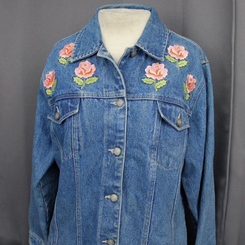 Vintage Bill Blass Embroidered Denim Jean Jacket Large Petite
